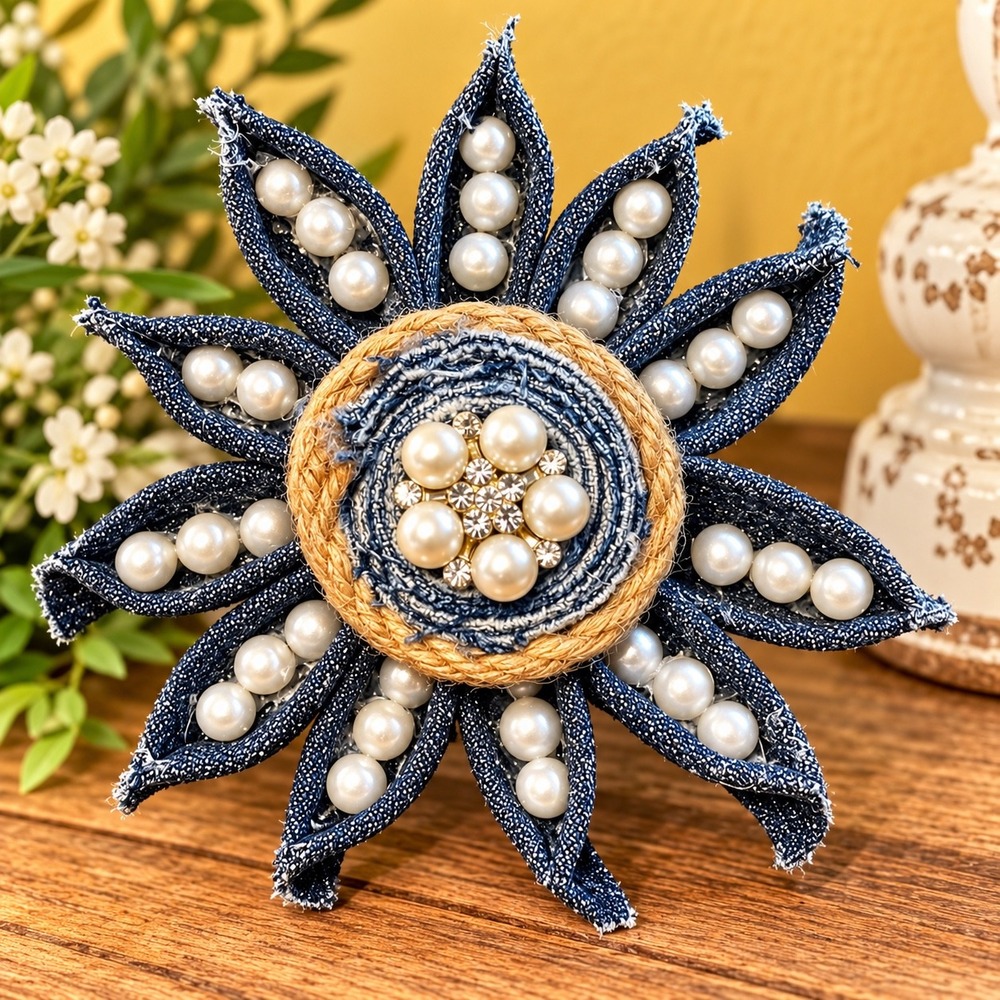Handmade Denim Flower Magnet Pearl Rhinestone Frayed Burlap Farmhouse Decor 2